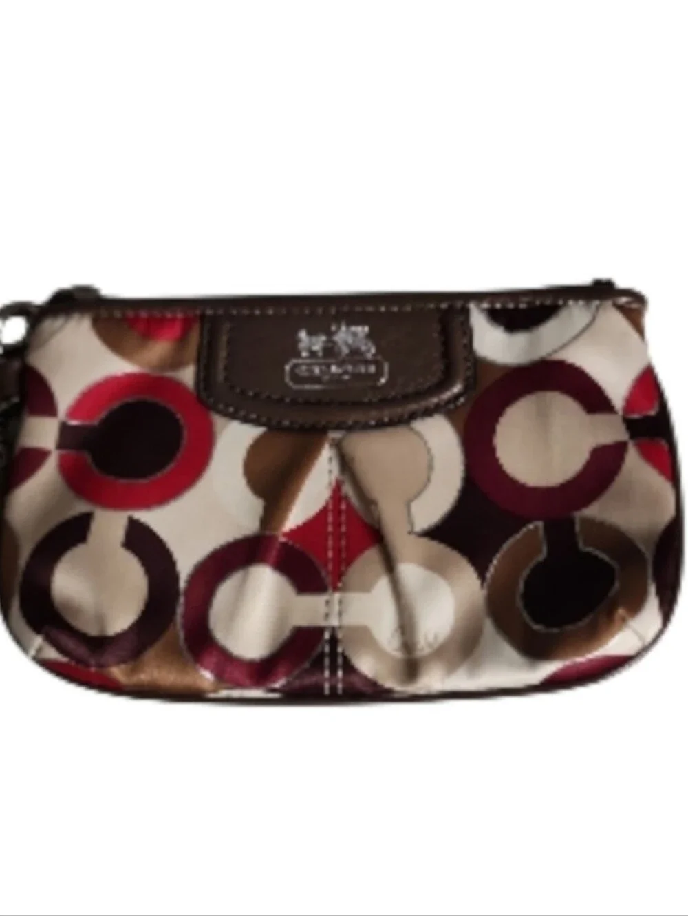 Coach Brown and Red OP Art Signature Satin And Leather Wristlet Vintage Y2K